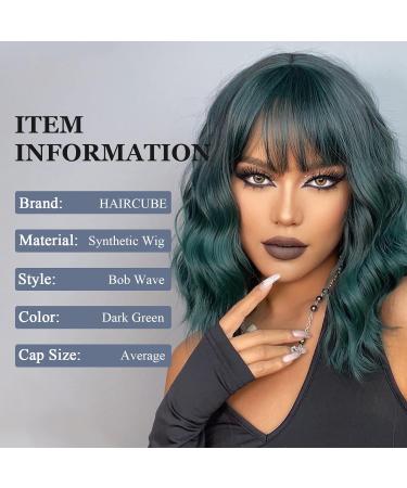 Haircube Short Bob Wig with Bangs - Dark Green Heat-Resistant Synthetic Fiber for Women | Party Cosplay & Daily Wear - Buy Online on GoSupps.com