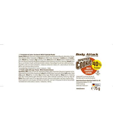 Body Attack Protein Cookie 40% protein 5% BCAA soft palm oil free Whole oat flour chocolate cookies cocoa butter Made in Germany 12x75g White chocolate with almonds - Buy Online on GoSupps.com