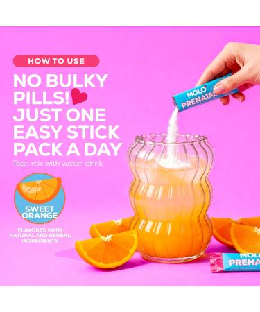 MOLO Prenatal Multi-Vitamin Drink Mix for Women Packed with essential vitamins & antioxidants DHA Omega-3 Methylfolate 30 Stick Packs with Sweet Orange Flavor Vegetarian Gluten-Free & Non-GMO - Buy Online on GoSupps.com