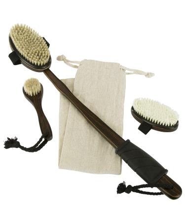 Vive Dry Body Brush Set - Long Handled Multi Brushing Kit - Dark Wood Body Brush Scrubber w/Soft and Stiff Natural Bristles - Great for Back  Feet  Cellulite  Lymphatic Drainage - Exfoliating Massager