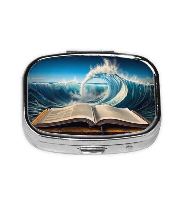 Book Wave Printed Printing 2 Compartment Small Pill Case Cute Small Pill Box Purse Pill Boxs Travel Pill Organizer for Pocket Purse and Travel Gifts