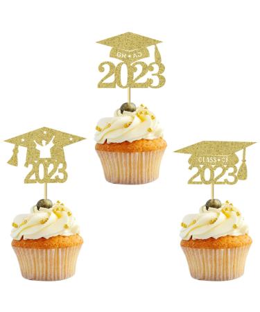 24Pcs 2023 Graduation Cupcake Toppers Gold Glitter 2023 Grad Cap Cupcake Picks Cake Decorations Graduation Theme Party Supplies Gold 2