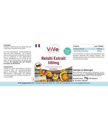 ViVe Supplements Reishi Extract 500mg 120 Capsules Ganoderma Lucidum HIGH DOSE VEGAN Made in Germany - Buy Online on GoSupps.com