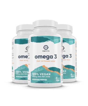 Omvits Vegan Omega 3 DHA from Algae Oil 1000mg - 180 Softgel Capsules with Vitamin E - Sustainable Algal Alternative to Fish Oil - Vegetarian Essential Fatty Acids - Supports Heart Brain & Eyes