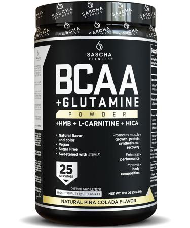 SASCHA FITNESS BCAA 4:1:1 + Glutamine, HMB L-Carnitine HICA | Powerful and Instant Powder Blend with Branched Chain Amino Acids (BCAAs) for Pre, Intra and Post-Workout | Natural PiÃ±a Colada362.5g