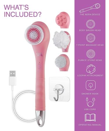 Spa Sciences NERA Shower Body Brush - 4-in-1 Exfoliation, Cleansing, Massaging - Body Brush, Loofah, Pumice Stone, Massage Head - All Skin Types - Buy Online on GoSupps.com