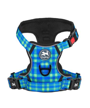 POPOT No pull dog harness front reflective pet vest for dogs with simple control handle and the back perfect for daily training walking running (checkered blue & green l) l checked blue & green