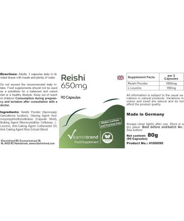 Reishi 650mg - with 1950mg of Reishi powder per daily dose - vital mushroom - 90 capsules - highly dosed - vegan - bioavailable supplements from Germany | Vitamintrend - Buy Online on GoSupps.com