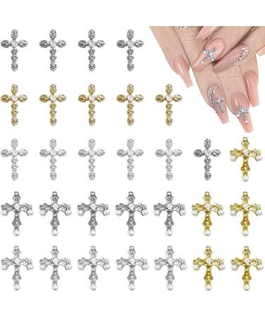 30 Psc Nail Charms Nail Gems Cross Nail Charm Cross Charms for Nails Studs for Women DIY Jewelry Cellphone Crafts (Gold+Silver) Style 4 Style 4
