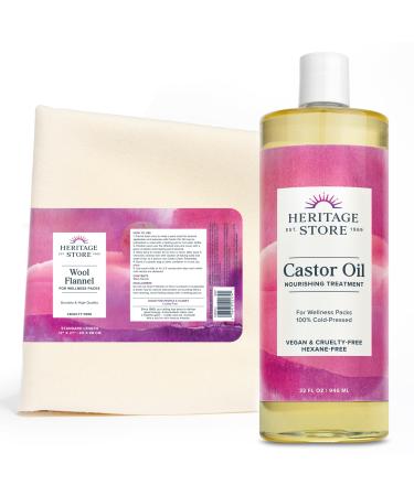HERITAGE STORE Castor Oil Pack - Soothing Heat Compress for Abdomen Joints Overall Health 16oz Cold-Pressed Vegan Castor Oil Reusable 12x27 in. Wool Flannel Cloth 60-Day Guarantee Cruelty Free