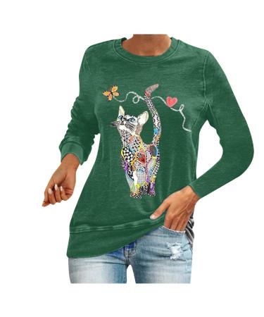 NHNKB Sweatshirt Women's Black Long Sleeve Women's Sweatshirt Cotton T-Shirt Women's with Print Cat Top Women's Black Elegant Casual Neck Shirt Women Blouse Long Sweatshirts Jumper Sleeves M Green