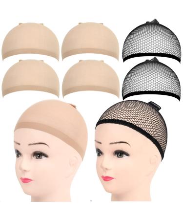 6PCS Wig Caps, FANDAMEI 4PCS Nude Nylon Wig Caps with 2PCS Black Mesh Wig Caps Net. Wig Caps for Women, Closed End Hair Mesh Net Wig Caps. Nylon Wig Cap for Halloween, Cosplay.