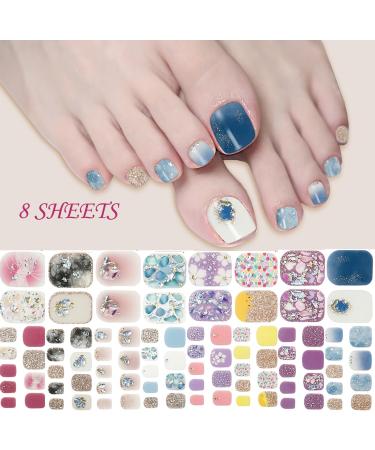 8 Sheets 3D Gel Toenail Stickers Semi Cured Toe Nail Strips Glitter Flower Marble Full Toe Wraps Stickers Gel Nail Polish Decals Supplies for Women Girls Manicure Decoration - Buy Online on GoSupps.com
