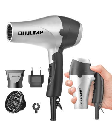 OHJUMP Mini Travel Hair Dryer Blow Dryer with Diffuser,Portable Small Dual Voltage Compact Hairdryer,EU Plug,1875W,Powerful Fast Dry,Folding Handle,Diffuser Hair Dryer( Silvery)