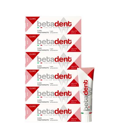 BETADENT Betadent GUMS TOOTHPASTE KIT for sensitive inflamed and irritated gums - Repairs and protects - Anti-plaque and antibacterial action - Delicate non-abrasive formula - Maxi format 6 x 100 ml
