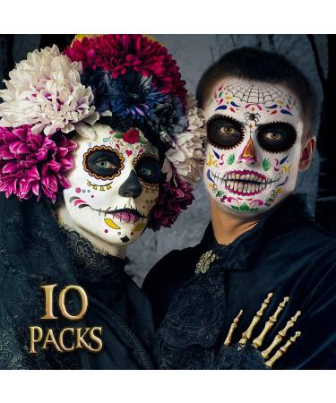 Day of the Dead Face Tattoos Makeup- Halloween Costume for Women Men Adults Kids |Halloween Skeleton Dia De Los Muertos Temporary Tattoos | 10 PCS Red Rose Sugar Skull Face Tattoo Decor Stickers Kit