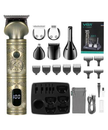 Bestauty Beard Trimmer Men 6 in 1 Professional Hair Clipper Zero Gapped T-Blade Beard Trimmer Kit for Nose Body and Facial Cordless Rechargeable LED Display Shavers for Men Kit Golden