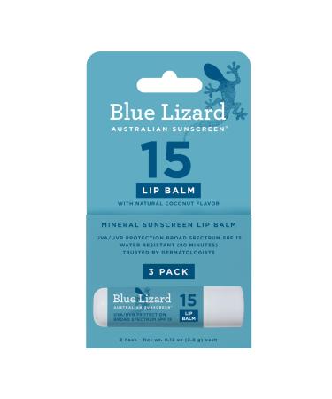BLUE LIZARD Mineral SPF 15 Lip Balm 3-Pack: Broad Spectrum Sun Protection Natural Coconut Flavor 8 Natural Oils Infused with Australian Kakadu Plum Rich in Vitamin C Vegan Each Tube 0.13 oz.