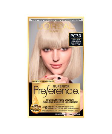 L'Oreal Paris Superior Preference 9 weeks of Luminous Fade-Defying Permanent Hair Dye PC30 Very Light Pearl Blonde 100% Grey Coverage 1 Hair Dye Kit (Packaging May Vary) Very Light Pearl Blonde 1 count (Pack of 1)