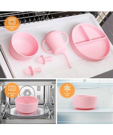 Baby Feeding Set - Silicone Bib, Suction Divided Bowl, Spoon & Fork - Toddler Utensils - Pink (6 Months) | Baby Led Weaning Supplies - Buy Online on GoSupps.com