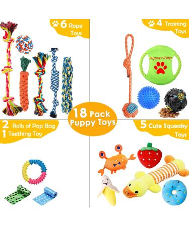 Aipper 18 Pack Dog Puppy Toys for Fun, Teeth Cleaning & Training - Squeak Toys, Treat Ball, Tug of War Rope Toys - for Small to Medium Dogs - Buy Online on GoSupps.com