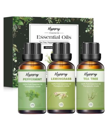 3 x 30ml Herbal Essential Oils Set Tea Tree Peppermint Lemongrass - 100% Pure & Natural Essential Oil for Diffuser Aromatherapy Home Cleaning