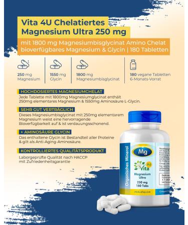 Vita 4u Magnesium Bisglycinate 1800 mg XXL Tablets 250 mg Elementary Magnesium Vegan & Laboratory Tested 180 Tablets - Buy Online on GoSupps.com