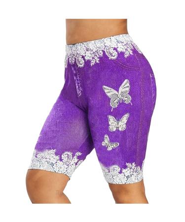 Women's Printed Legging Short Jeans Knee Length Butterfly Bermuda Short Jeans High Waisted Fitness Short Denim Leggings (Purple,Large)