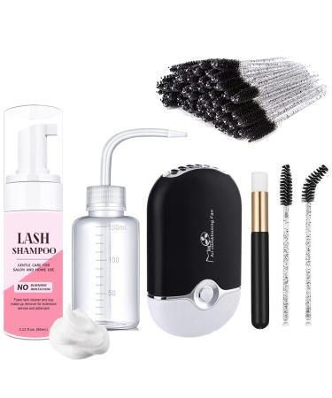 AREMOD Lash Shampoo for Lash Extensions Eyelash Extension Cleanser with USB Lash Fan,50ml Lash Shampoo,Mascara Brush,Nose Blackhead Facial Cleaning Brush and Wash Bottle for Eye Makeup Remover(BLACK)