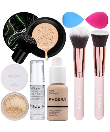 PHOERA Foundation ,Air Cushion CC Cream Natural Foundation, PHOERA Primer, PHOERA Powder, Kabuki Makeup Brushes Foundation Brush Powder Brush,2 Makeup Sponge (103 Warm peach + Natural CC )