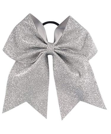 Glitter Cheer Bows - Cheerleading Softball Gifts for Girls and Women Team Bow with Ponytail Holder Complete your Cheerleader Outfit Uniform Strong Hair Ties Bands Elastics by Kenz Laurenz (1) (Silver)