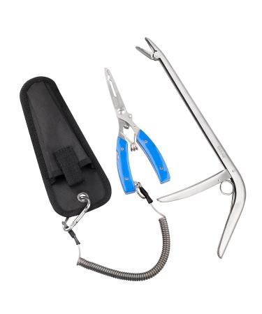 BASUNE Fishing Pliers + Fish Hook Remover, Line Cutter Curved Nose Remove Hook Fishing Tackle Tool with Nylon Sheath Fishing Plyers Fishing Gear Set (Blue)