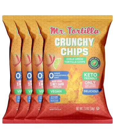 Mr. Tortilla's Crunchy Chips - Chile Limon Keto-Friendly Snack Chips - 3 Net Carbs Per Serving, Cooked In Avocado Oil - Vegan, Kosher, Zero Guilt Healthy Chips - (Pack of 4) 2oz Bags Chili Lemon 1 Count (Pack of 4)