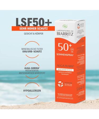 Laboratoires de Biarritz Sonnenpray LSF50+ ALGA Maris Bio Sunscreen - Certified for Babies Children & Adults - Light Fluid Texture - 100ml Made in France - Buy Online on GoSupps.com