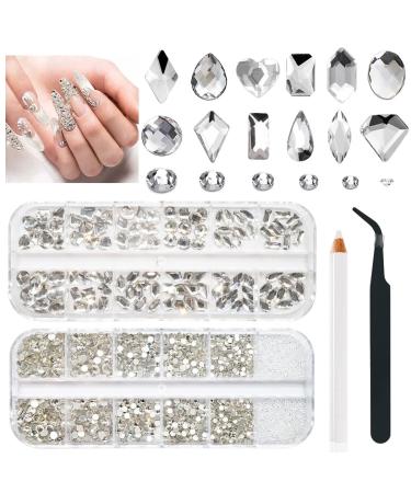 2630Pcs White Nail Rhinestones Crystal Clear Flatback Rhinestones Round Beads K9 Glass Gems Stones Nail Art Diamonds Jewels Multi Shapes Nail Charms for Nail DIY Face Eye Mackup Clothes Shoes Jewelry