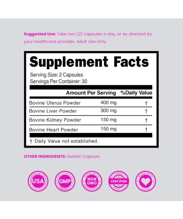 Beef Organ Supplement for Women - Grass Fed Beef Liver Heart Kidney & Uterus 1000mg Per Serving - Support Women's Energy & Overall Health - Third Party Tested & Non GMO - USA Made (60 Capsules) 60 Count (Pack of 1) - Buy Online on GoSupps.com