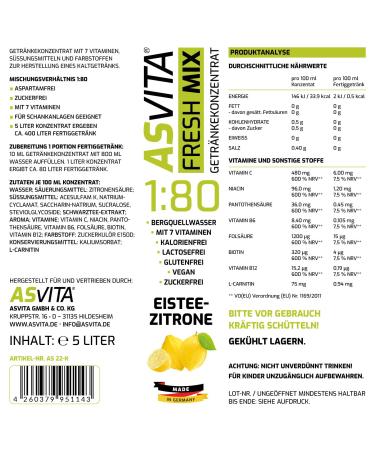 ASVITA Beverage Concentrate Fresh Mix 1:80 - 5L Sugar-Free Syrup | 22 Delicious Flavors (Iced Tea Lemon) - Order Now for International Shipping! - Buy Online on GoSupps.com