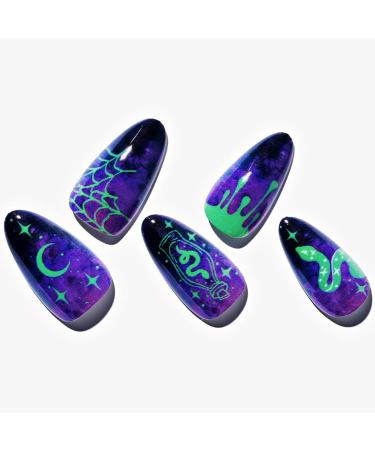 GLAMERMAID Press on Nails Medium Almond Halloween Deep Blue Emo Fake Nail Ombre Dark Purple Gothic Snake Short Oval Stick Glue on Nails Gel Reusable Acrylic Gothic False Nails Kit for Women Enigmatic Sparkling Hole