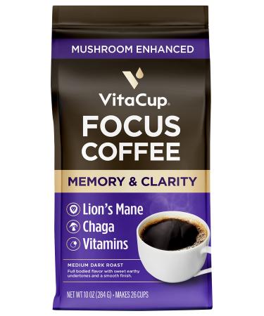 VitaCup Focus Ground Mushroom Coffee, Boost Focus & Immunity with Lions Mane, Chaga, B Vitamins, D3, Memory & Clarity, Medium Dark Roast, Bold & Smooth 100% Arabica Specialty Coffee Grounds, 10 Oz Focus + Mushrooms 10 Ounce (Pack of 1)