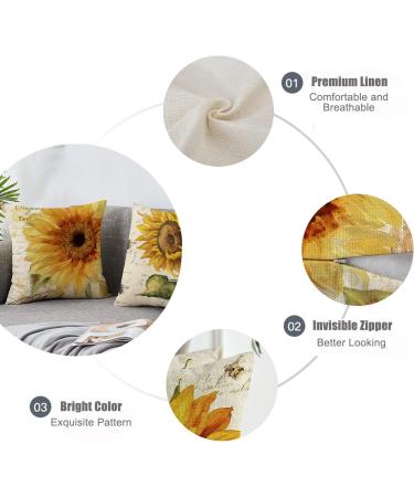 Set of 4 Sunflower Throw Pillow Covers - Farmhouse Decor 18 x 18 Inch Linen Cushion Covers for Home, Sofa, Bedroom, Car - Buy Online on GoSupps.com