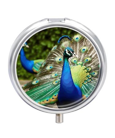 Round Pill Box Beautiful Peacock Print 3 Compartment Medicine Pill Case Print Pill Organizer Decorative Metal Portable Pill Box Pocket Pill Box Style