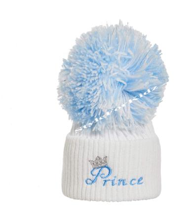 Luxury British Made Baby Boy Full Blue White/Blue Prince Silver Pom Cute Decorative Frilly Knitted Pom Pom Newborn Baby Hats S-L White/Blue Prince (Small)