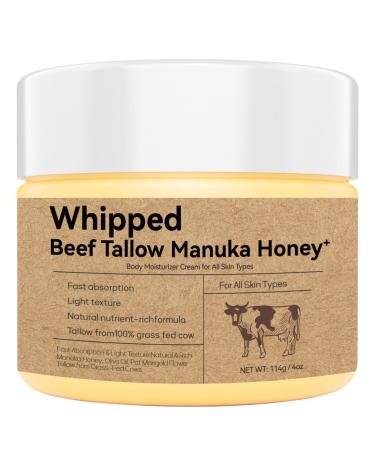 4 Oz Beef Tallow for Skin - Organic Grass-Fed Whipped Manuka Honey Balm - Deeply Moisturizing for Face & Body - Natural Skin Care for Soft Supple 114g 4 Fl Oz (Pack of 1)