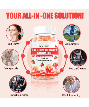 Calcium Citrate Gummies for Women Men: 1200 Calcium Magnesium Zinc with Vitamin D3 B6 Supplement for Adult - Vegan High Absorption Chewable Gummy Energy Support Sugar Free(120Count) Strawberry 60 Count (Pack of 2) - Buy Online on GoSupps.com