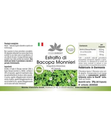 Bacopa Monnieri - Extract with 20% Bacoside - 60 Capsules | herba direkt - Quality from German Pharmacies - Buy Online on GoSupps.com