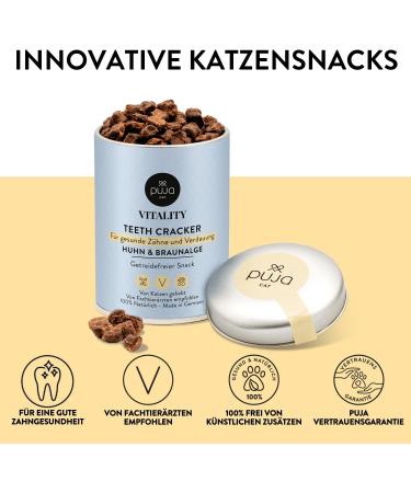 Puja Cat Snack - 100% Natural Dental Treats for Cats | Fresh Breath Healthy Teeth & Digestion | Chicken & Brown Algae | 150g Monthly Ration - Buy Online on GoSupps.com