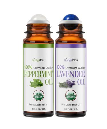 BodyJ4You Peppermint + Lavender Essential Oil Roll On Duo - 100% USDA Organic MCT Coconut Oil - Clear Quartz and Amethyst Stone Rollers - Cooling Focus Calm Sleep Pulse Points Temple Neck - Amber Glas