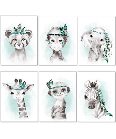 artpin Set of 6 Pictures for Children's Room Boys Girls in Mint Grey Feather - Poster Forest Jungle Baby Room Indian Animals P62
