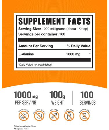 Buy BulkSupplements L-Alanine Powder - 1000mg Amino Acid Supplement Unflavored & Gluten Free - 100g (3.5 oz) - 100 Servings - Buy Online on GoSupps.com