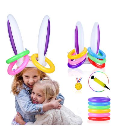 2 Set Inflatable Bunny Ears Ring Toss Game (2 Rabbit-Ear Hats with 12 Ring Toss, 1 Medal and 1 Hand-held Pump) - Great Family Easter Party Games